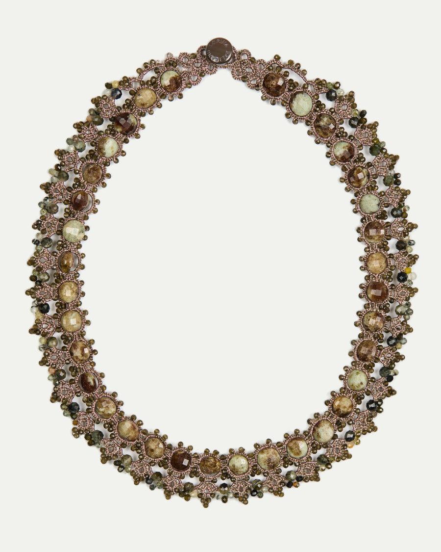 MELODY NECKLACE in Silk, Pearl color Gold side view with decorative details and quality finishes