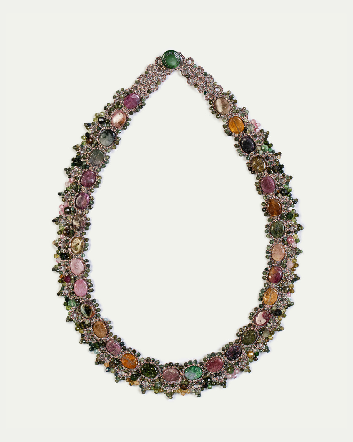 MELODY NECKLACE with multicolor tourmaline gemstones, silk, metallized threads, and mother of pearl button.