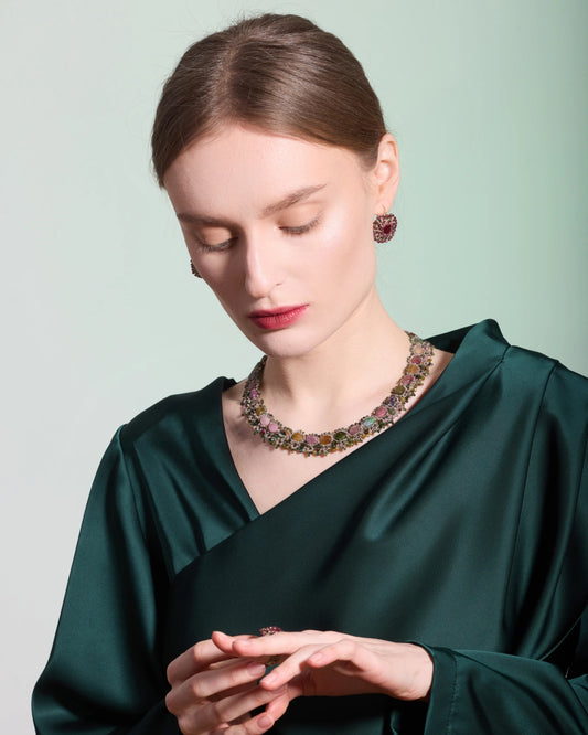 MELODY NECKLACE in Silk, Pearl, Tourmaline color Multicolor side view with decorative details and quality finishes