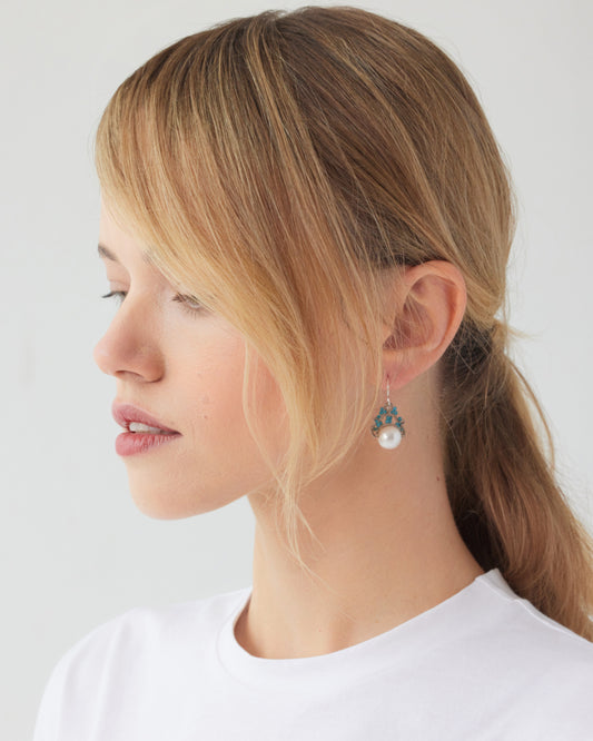 MOONA EARRINGS in Silk, Gold, Silver color Blue side view with decorative details and quality finishes