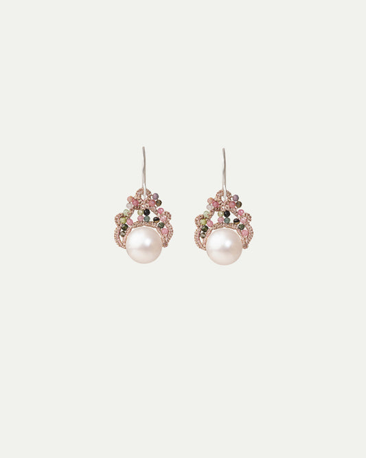 MOONA EARRINGS in Silk, Silver, Pearls color Multicolor front view with elegant and refined design
