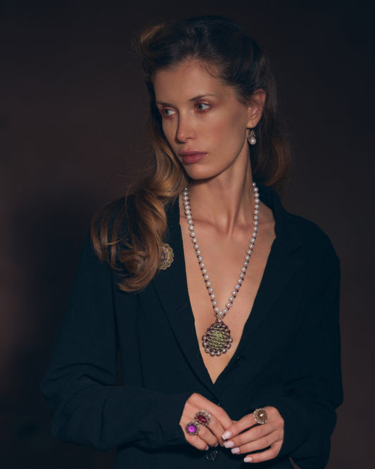 MOONA EARRINGS in Silk, Silver, Pearls color Multicolor side view with decorative details and quality finishes