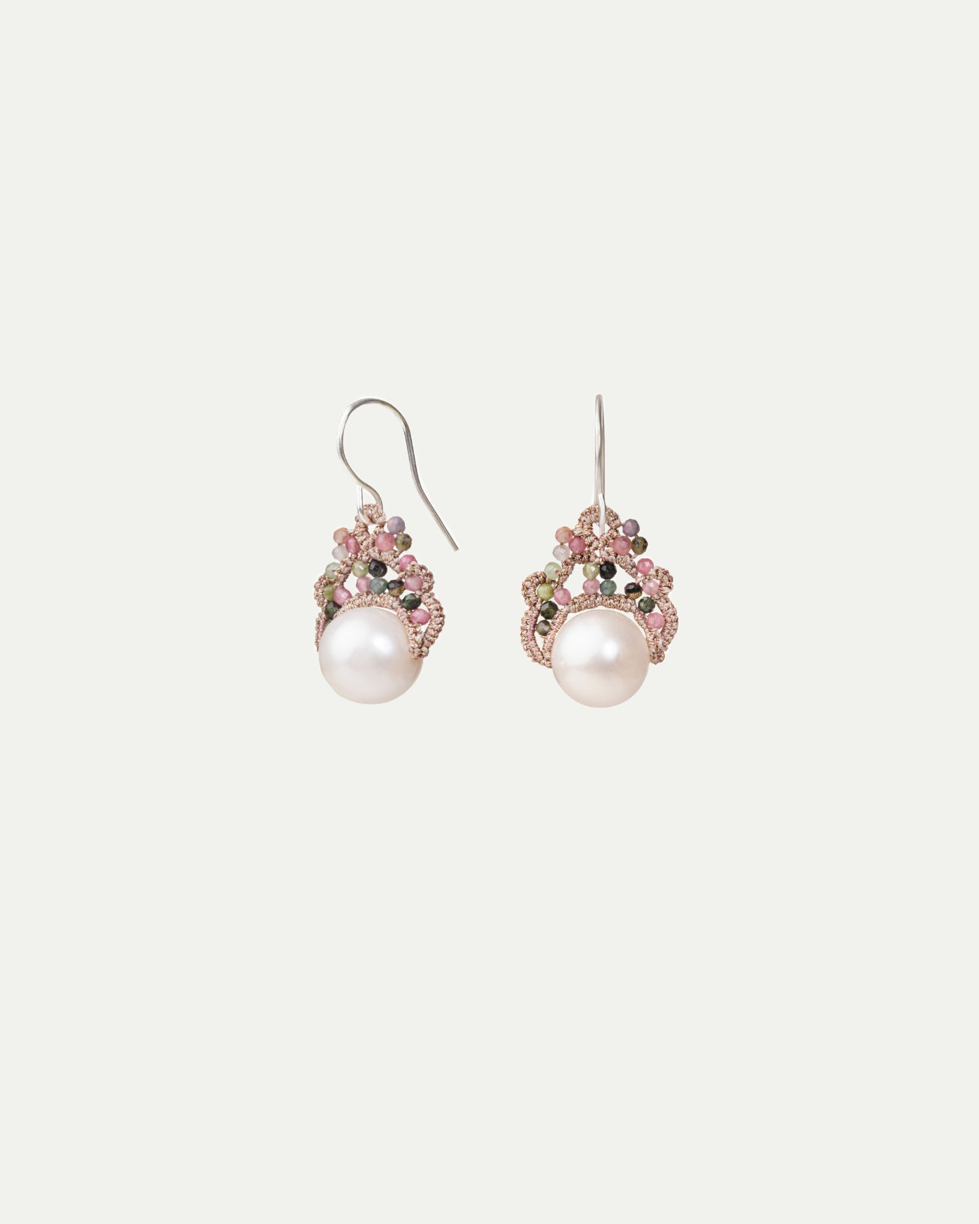 MOONA EARRINGS in Silk, Silver, Pearls color Multicolor detail view with classic and elegant design
