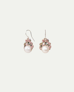 MOONA EARRINGS in Silk, Silver, Pearls color Multicolor detail view with classic and elegant design