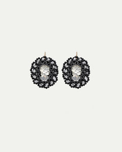 MUZA EARRINGS in Silk, Silver, Glass color Black front view with elegant and refined design