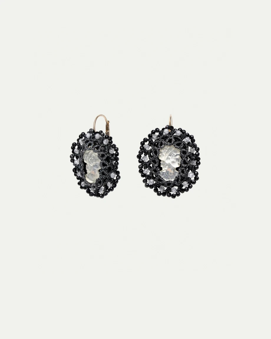 MUZA EARRINGS in Silk, Silver, Glass color Black detail view with classic and elegant design