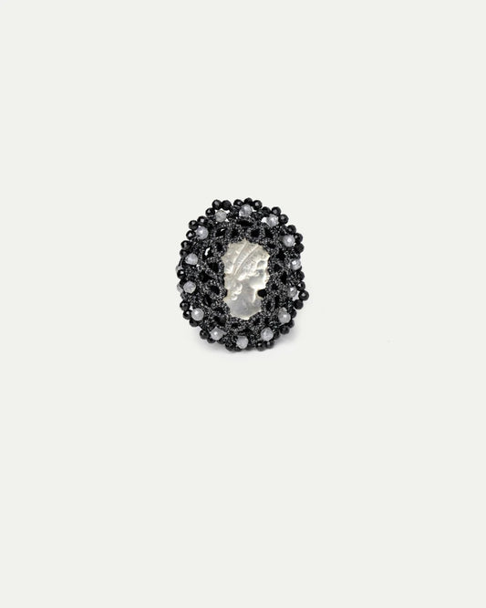 MUZA RING in Silk, Glass color Black side view with decorative details and quality finishes