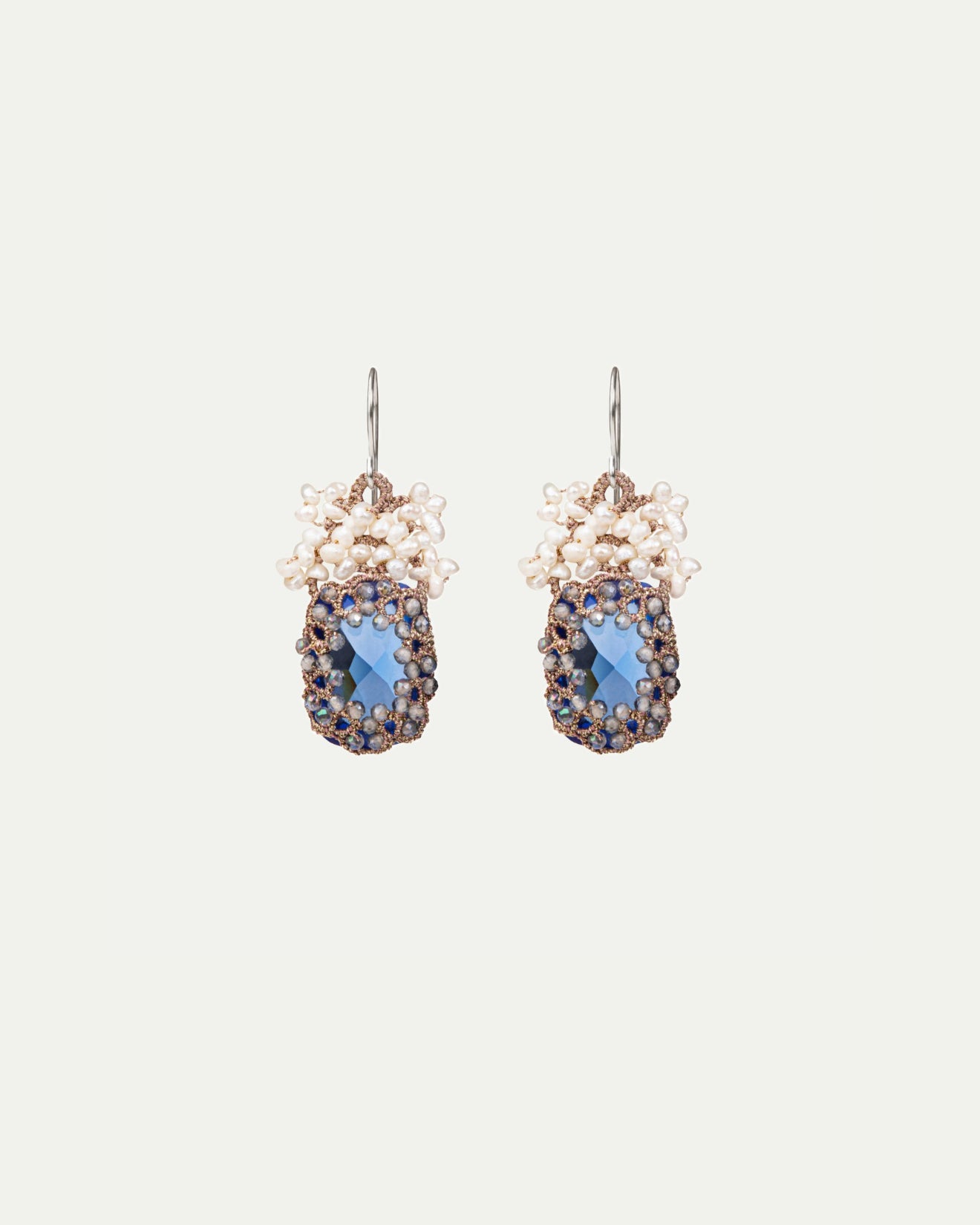 NAYA Earrings with blue crystal, pearls, gold-plated silver hooks, and silk threads.