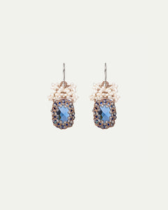 NAYA Earrings with blue crystal, pearls, gold-plated silver hooks, and silk threads.