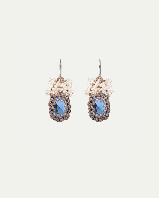 NAYA EARRINGS in Silk, Gold, Silver color Blue front view with elegant and refined design