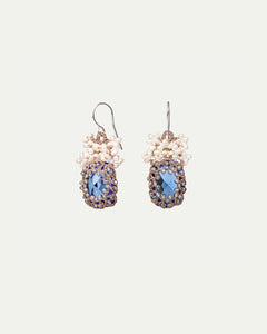 Blue silk, gold, and silver Naya earrings with freshwater pearls and intricate detailing.