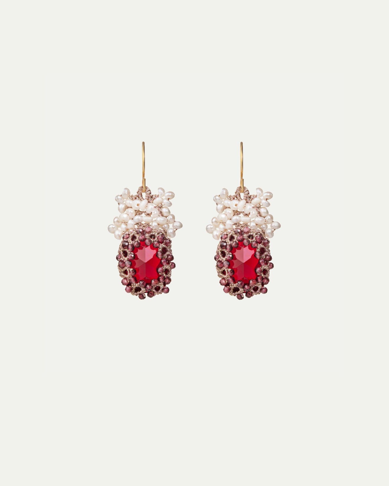 NAYA EARRINGS with red garnet gemstones, pearls, gold-plated hooks, crystal accents, silk threads.