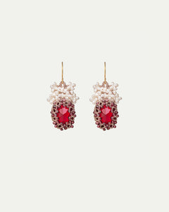 NAYA EARRINGS with red garnet gemstones, pearls, gold-plated hooks, crystal accents, silk threads.