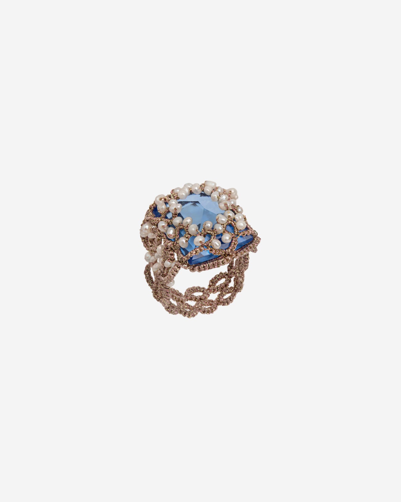 NAYA RING with blue crystal, freshwater pearls, silk, and metallized threads.