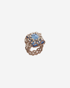 NAYA RING with blue crystal, freshwater pearls, silk, and metallized threads.