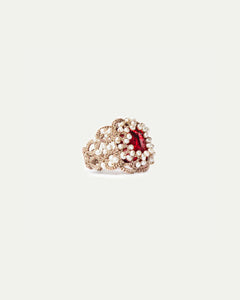NAYA RING with red crystal, freshwater pearls, silk, and metallized threads detailing.