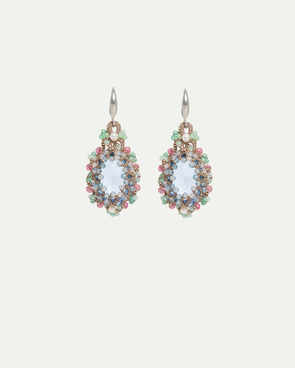 OLYMPIA EARRINGS in Silk, Silver, Crystal color Blue front view with elegant and refined design