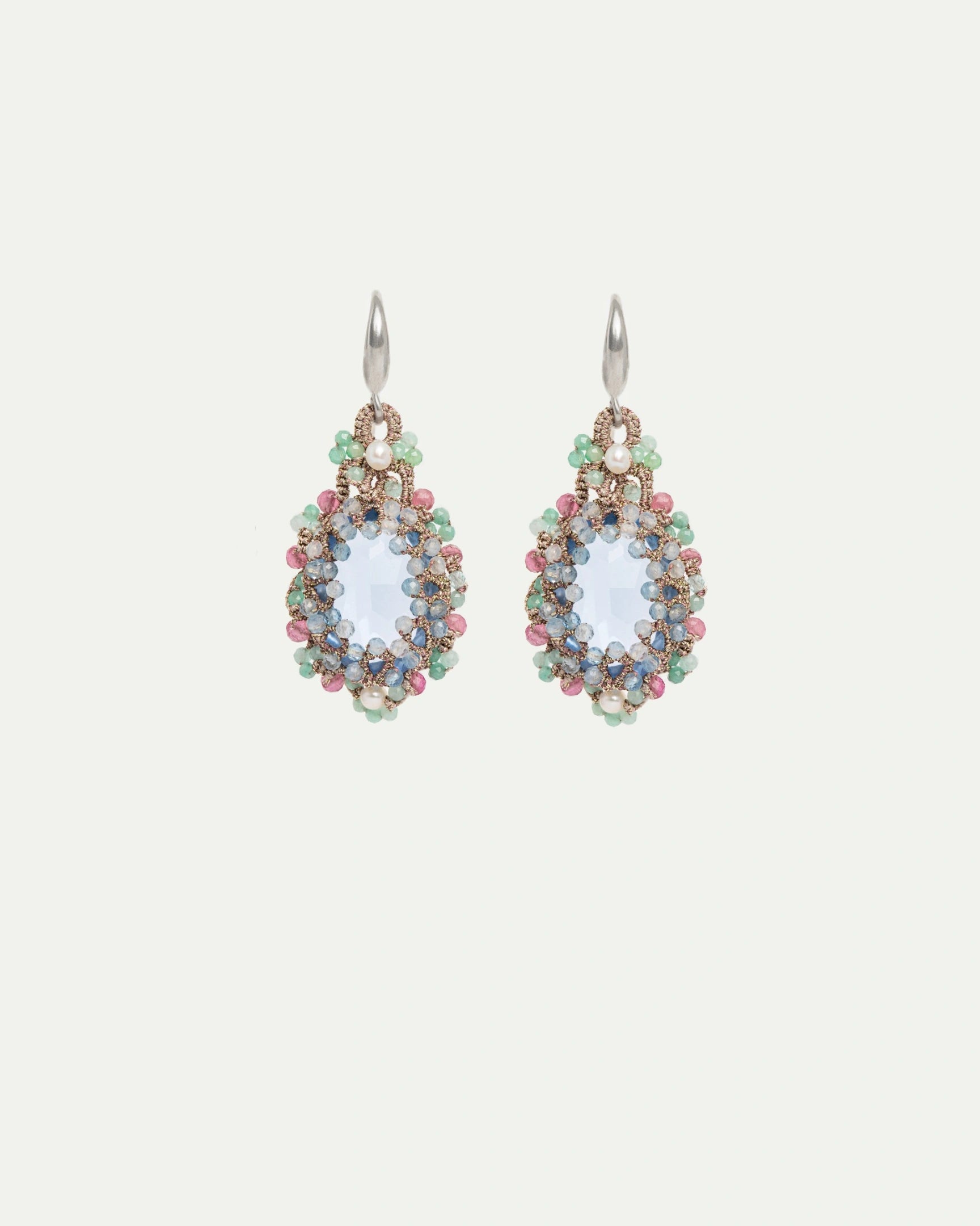 OLYMPIA EARRINGS with aquamarine, pink tourmaline, emerald gemstones, silver hooks, and blue silk threads.