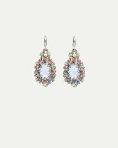 OLYMPIA EARRINGS with aquamarine, pink tourmaline, emerald gemstones, silver hooks, and blue silk threads.