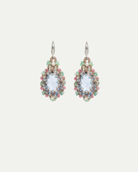 OLYMPIA EARRINGS in Silk, Silver, Crystal color Blue front view with elegant and refined design