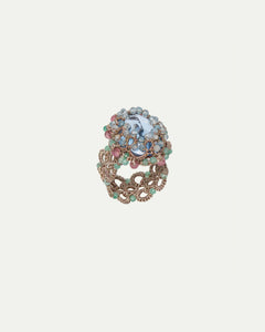OLYMPIA RING with blue aquamarine, pink tourmaline, emerald gemstones, silk, and metallized threads.