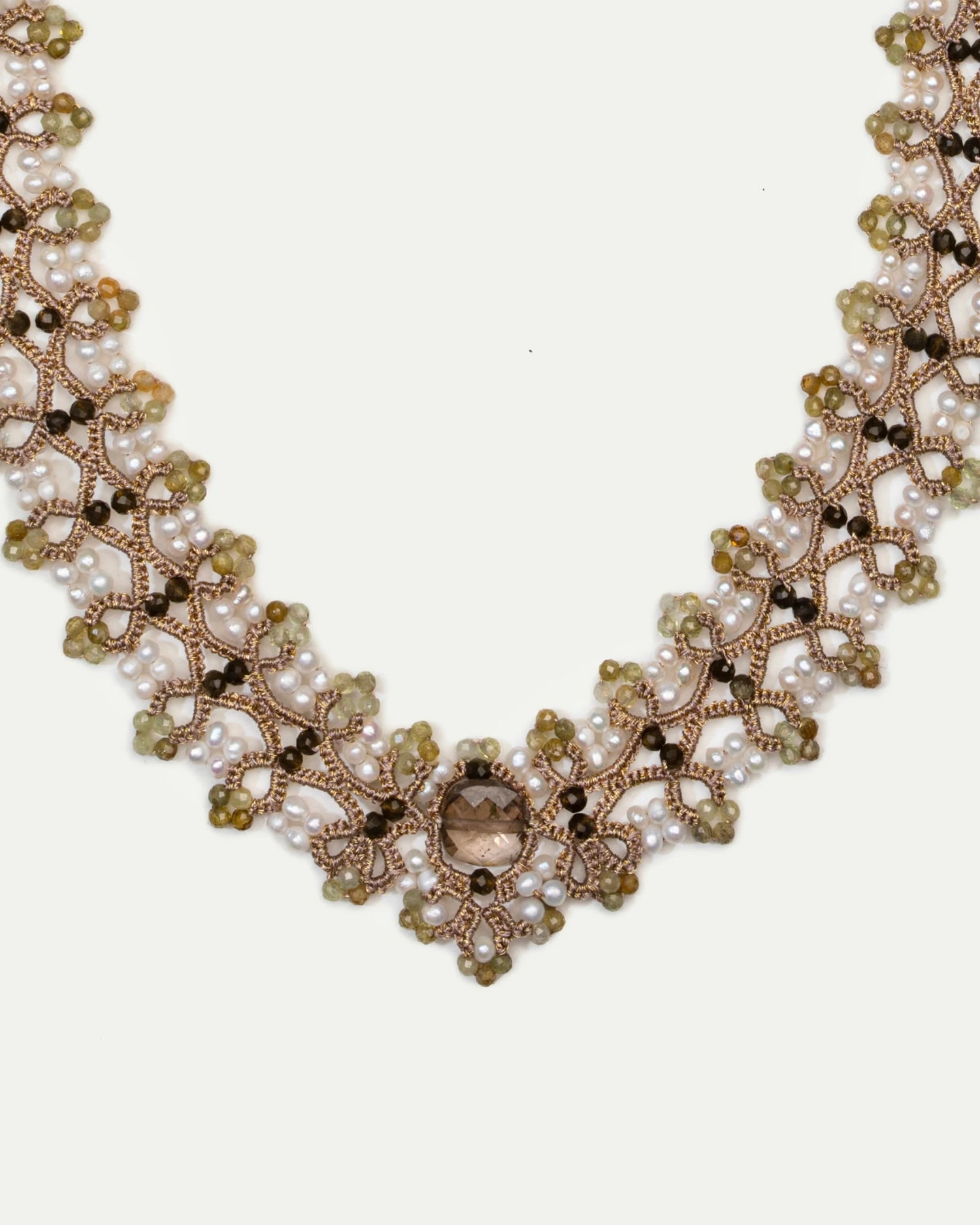 Gold PAIGE NECKLACE with silk lace, freshwater pearls, garnet accents, intricate beadwork detailing.