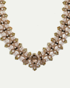 Gold PAIGE NECKLACE with silk lace, freshwater pearls, garnet accents, intricate beadwork detailing.