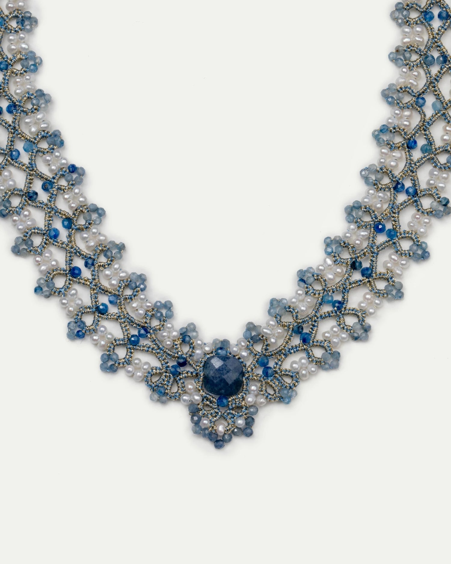 PAIGE NECKLACE with blue sapphire, kyanite gemstones, freshwater pearls, silk threads, intricate design.