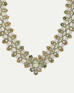 PAIGE NECKLACE, green tourmaline, peridot gemstones, freshwater pearls, silk threads, intricate design