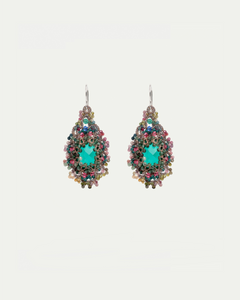 PAMELA EARRINGS with green gemstones, crystals, silk threads, and mother of pearl, featuring a vibrant design.