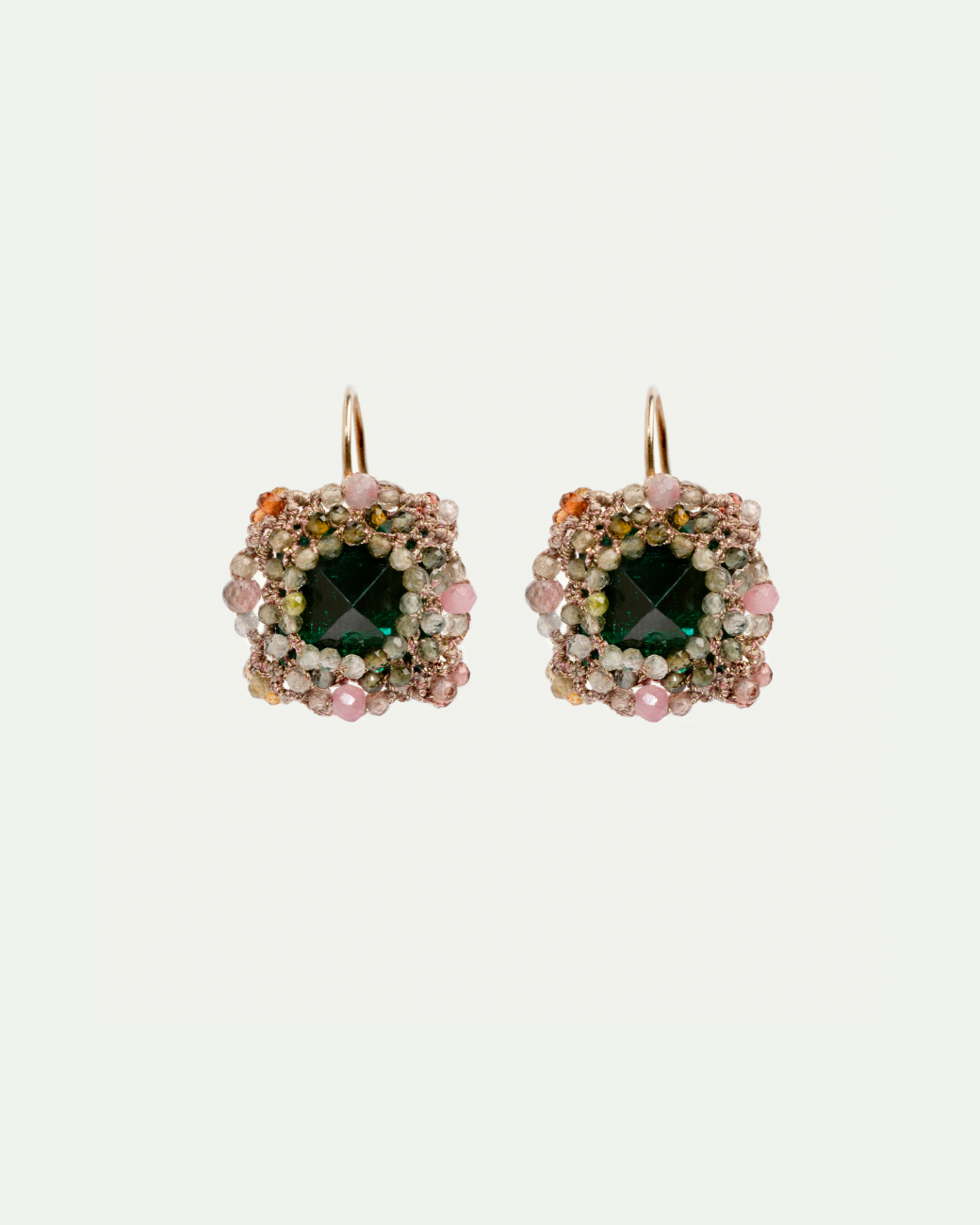 RADA EARRINGS, multicolor crystals, green tourmaline, rose tourmaline, multicolored sapphires, gold hooks.