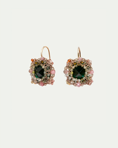 Gold RADA earrings with green crystal center, multicolor beading details in silk, silver, sapphire, enhancing texture.