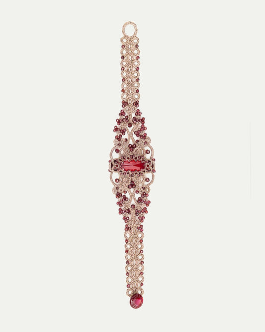 ROZALINA BRACELET in Silk, Pearl, Crystal color Red side view with decorative details and quality finishes