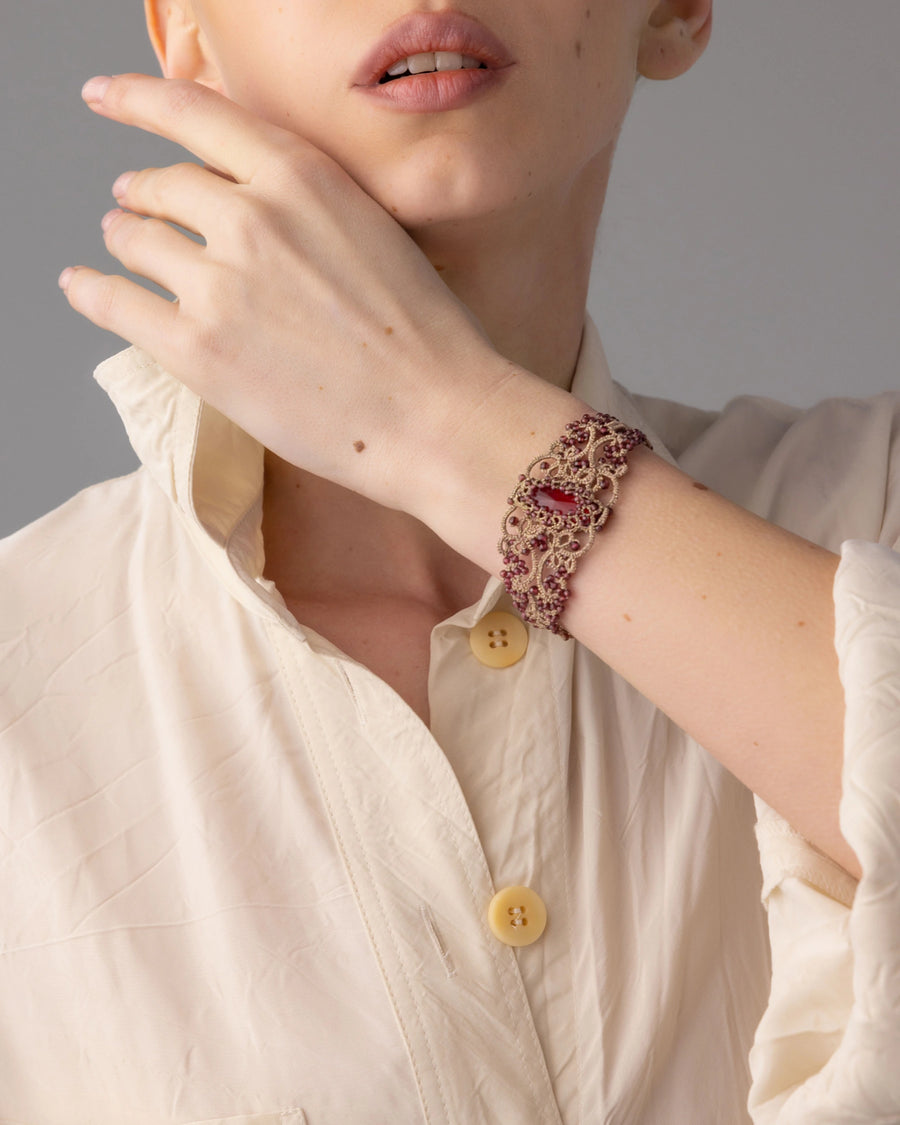 ROZALINA BRACELET in Silk, Pearl, Crystal color Red detail view with classic and elegant design