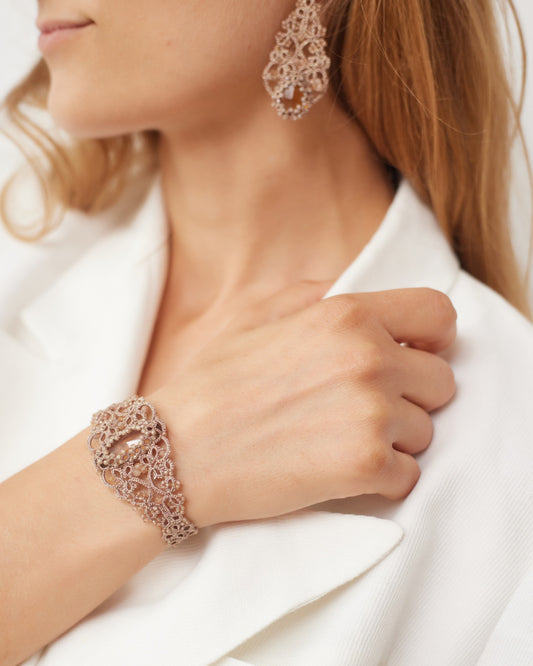 ROZALINA BRACELET in Silk, Pearl, Crystal color Gold side view with decorative details and quality finishes