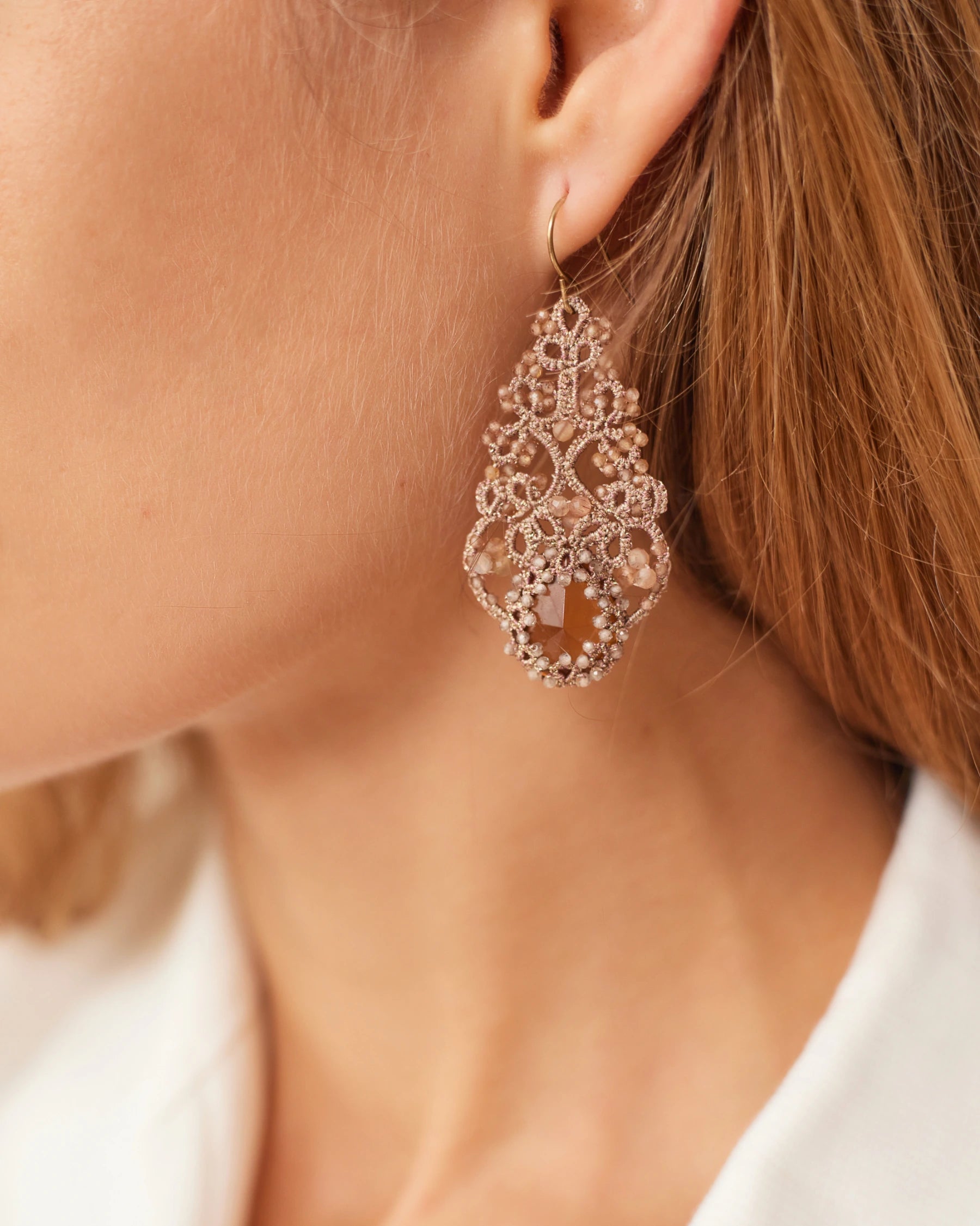 ROZALINA EARRINGS with zircon gemstones, gold-plated silver hooks, silk threads, in gold color.