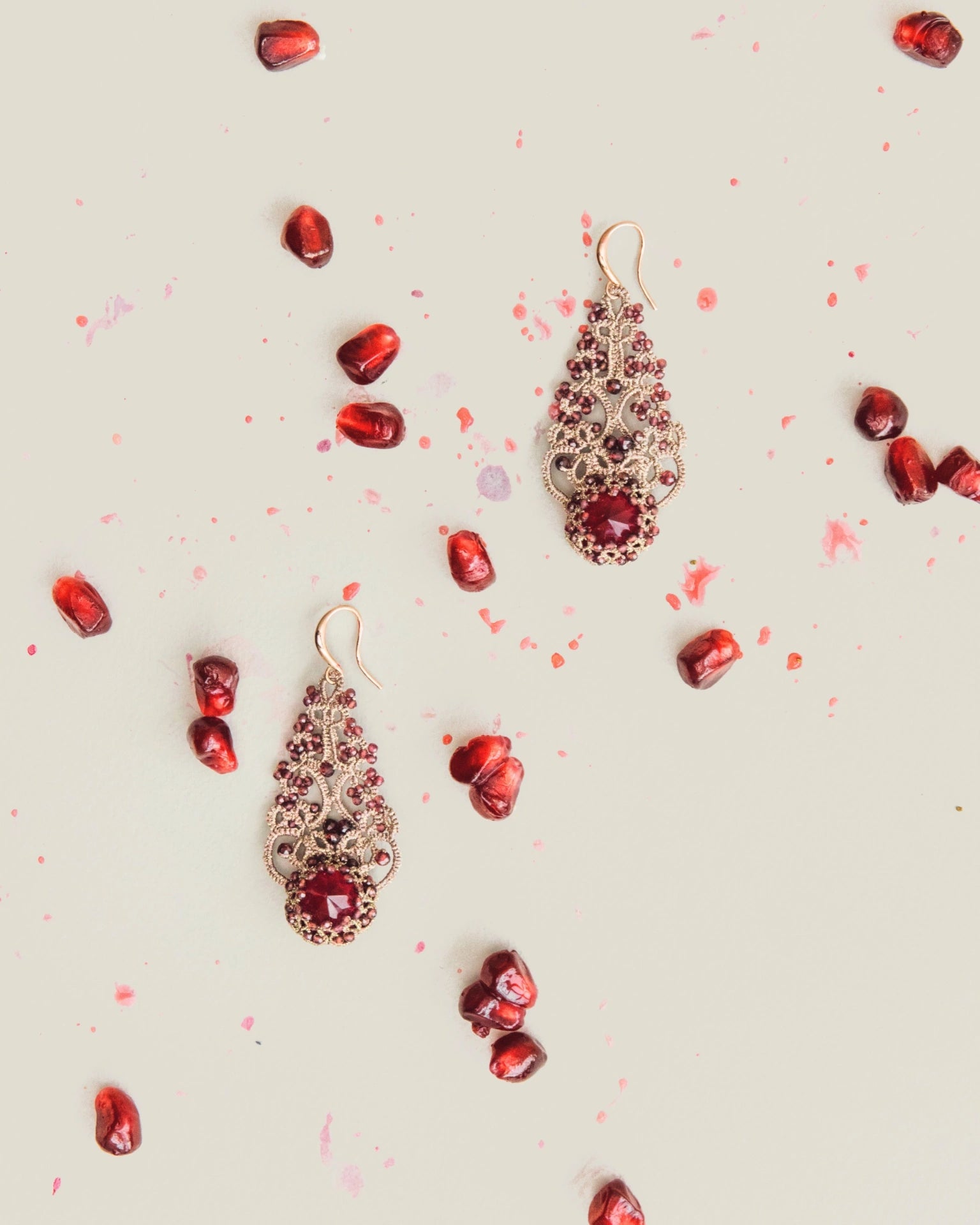 ROZALINA earrings with vintage glass, garnet gemstones, gold-plated silver hooks, red silk elements.