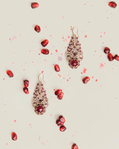 ROZALINA earrings with vintage glass, garnet gemstones, gold-plated silver hooks, red silk elements.