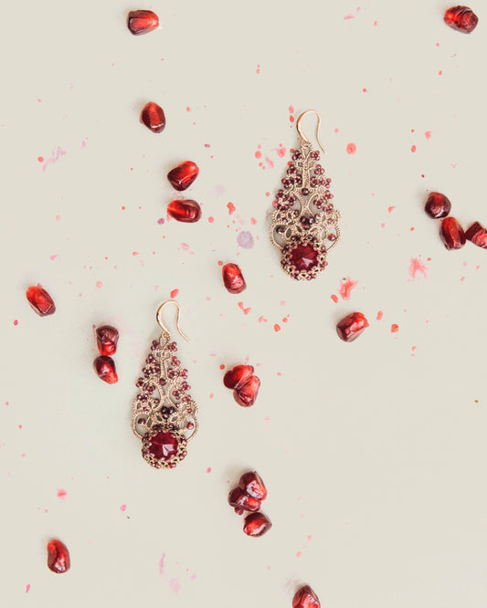 ROZALINA EARRINGS in Silk, Gold, Silver color Red front view with elegant and refined design