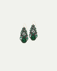 Green Rozalina earrings, ornate filigree design, intricate with green gemstones, hook fastening.