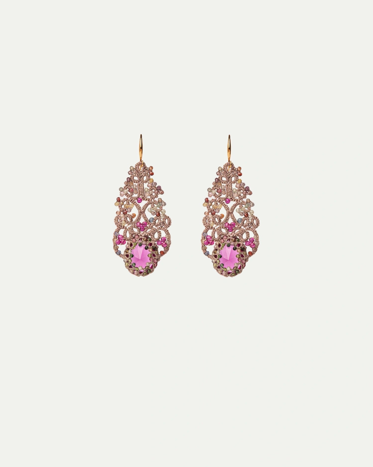 ROZALINA Earrings with vintage glass, ruby, multicolored sapphires, silk, in rose color with gold-plated hooks.