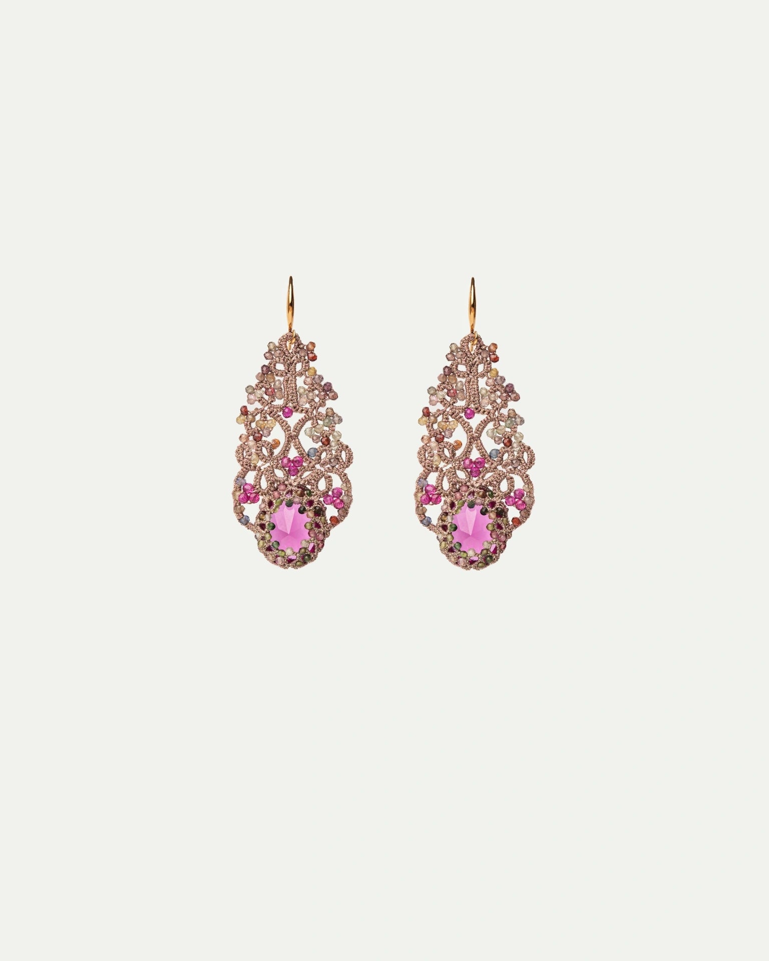 ROZALINA Earrings with vintage glass, ruby, multicolored sapphires, silk, in rose color with gold-plated hooks.