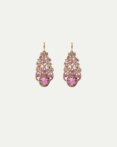 ROZALINA Earrings with vintage glass, ruby, multicolored sapphires, silk, in rose color with gold-plated hooks.