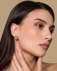 SADIE EARRINGS in Silk, Gold, Crystal color Gold side view with decorative details and quality finishes