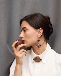 SCARLETT EARRINGS in Silk, Gold, Silver front view with elegant and refined design