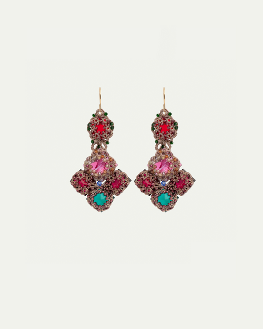SCARLETT EARRINGS in Silk, Gold, Silver side view with decorative details and quality finishes