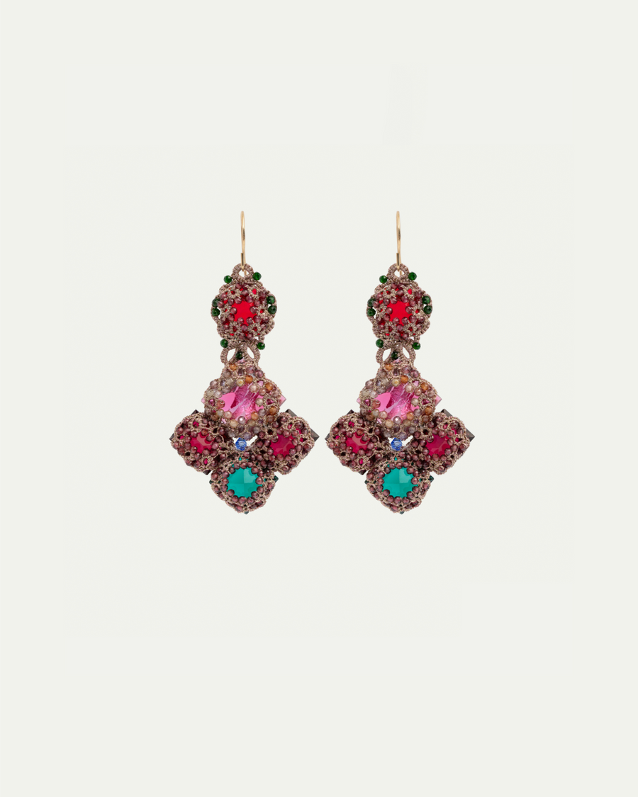SCARLETT EARRINGS in Silk, Gold, Silver side view with decorative details and quality finishes