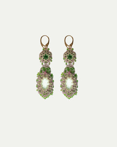 SERENA EARRINGS with green gemstones, peridot, ruby accents, gold-plated silver hooks, silk threads.