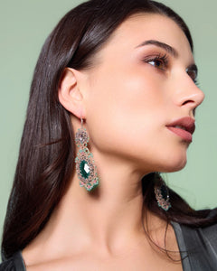 SERENA LUX Earrings, green with crystal, emerald, topaz, pink tourmaline gemstones, silk, silver hooks.