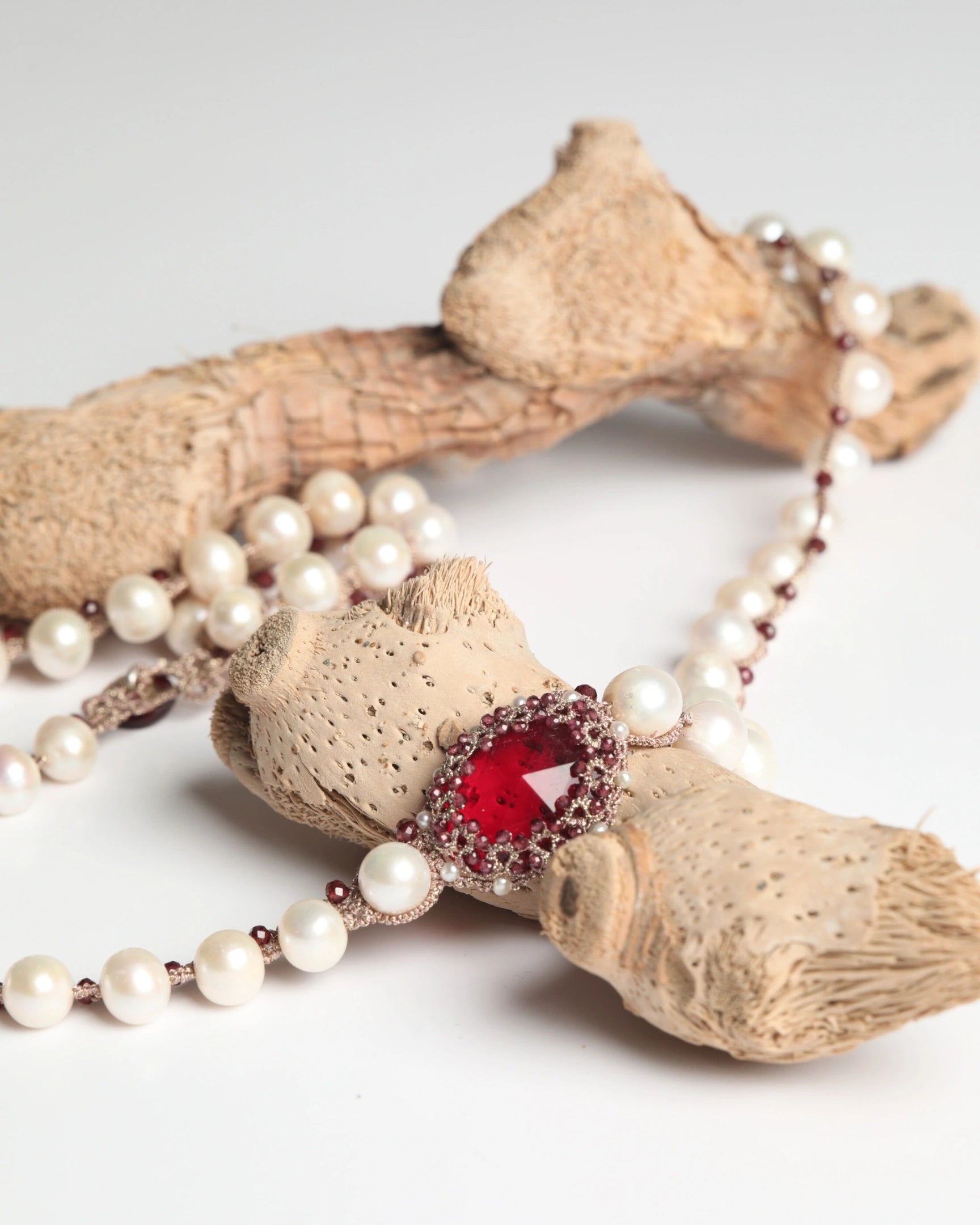 SHAYLA PENDANT with freshwater pearls, garnet gemstones, silk threads, red and white color scheme.
